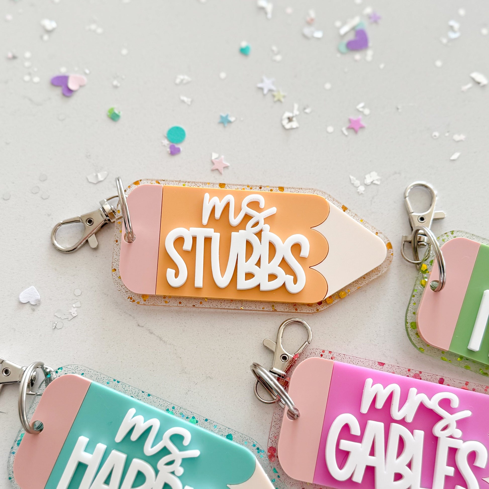 Glitter Teacher Pencil Keychain or Bag Tag Birch Bar + Co.