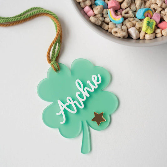 Personalized Acrylic Frosted Shamrock Tag Birch Bar + Co.