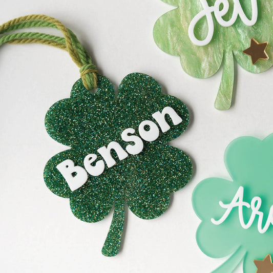 Personalized Acrylic Glitter Shamrock Tag Birch Bar + Co.