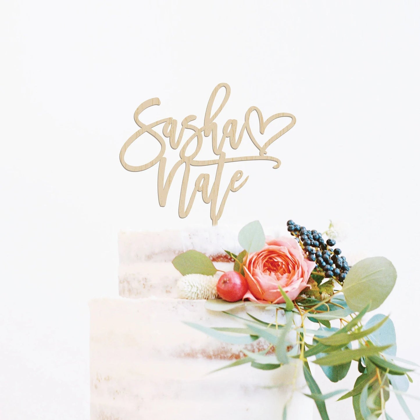 Personalized Heart Wedding Wood Cake Topper Birch Bar + Co.