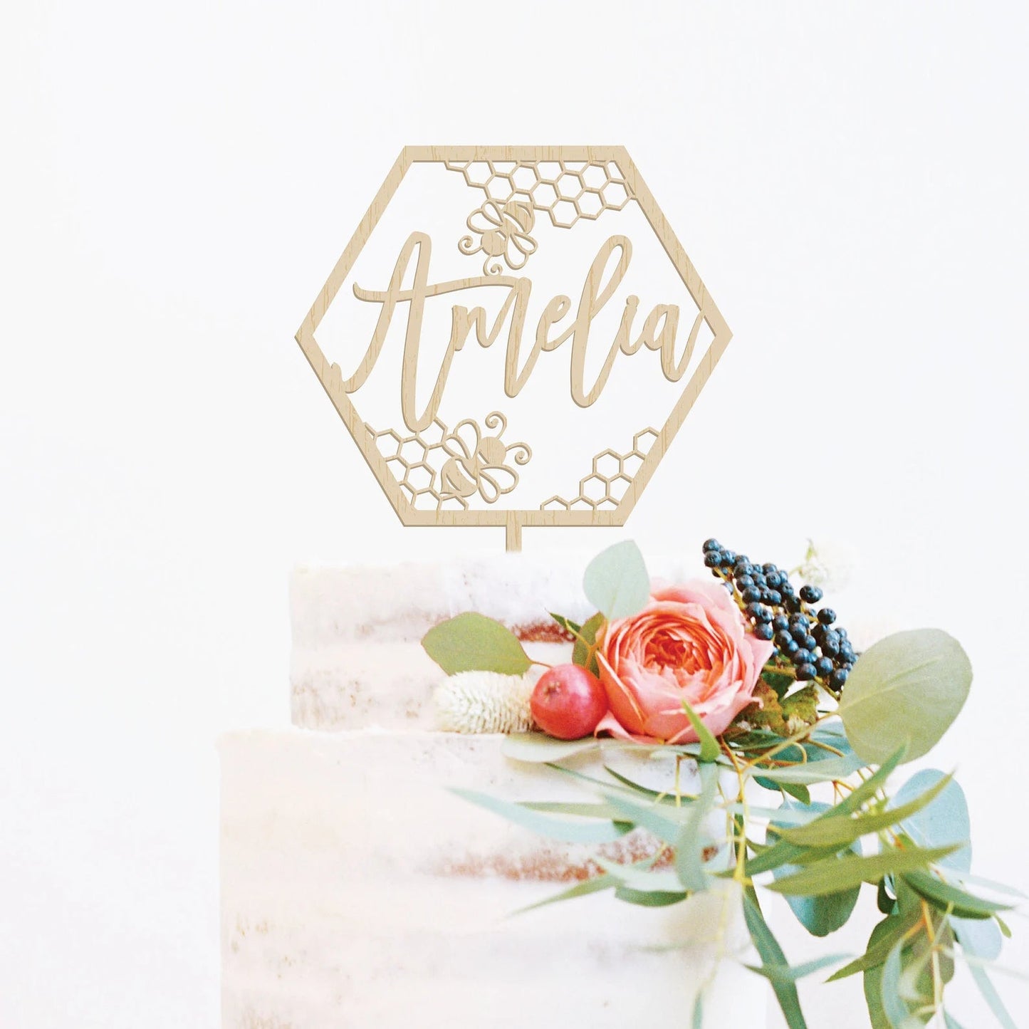 Personalized Name Bee Wood Cake Topper Birch Bar + Co.
