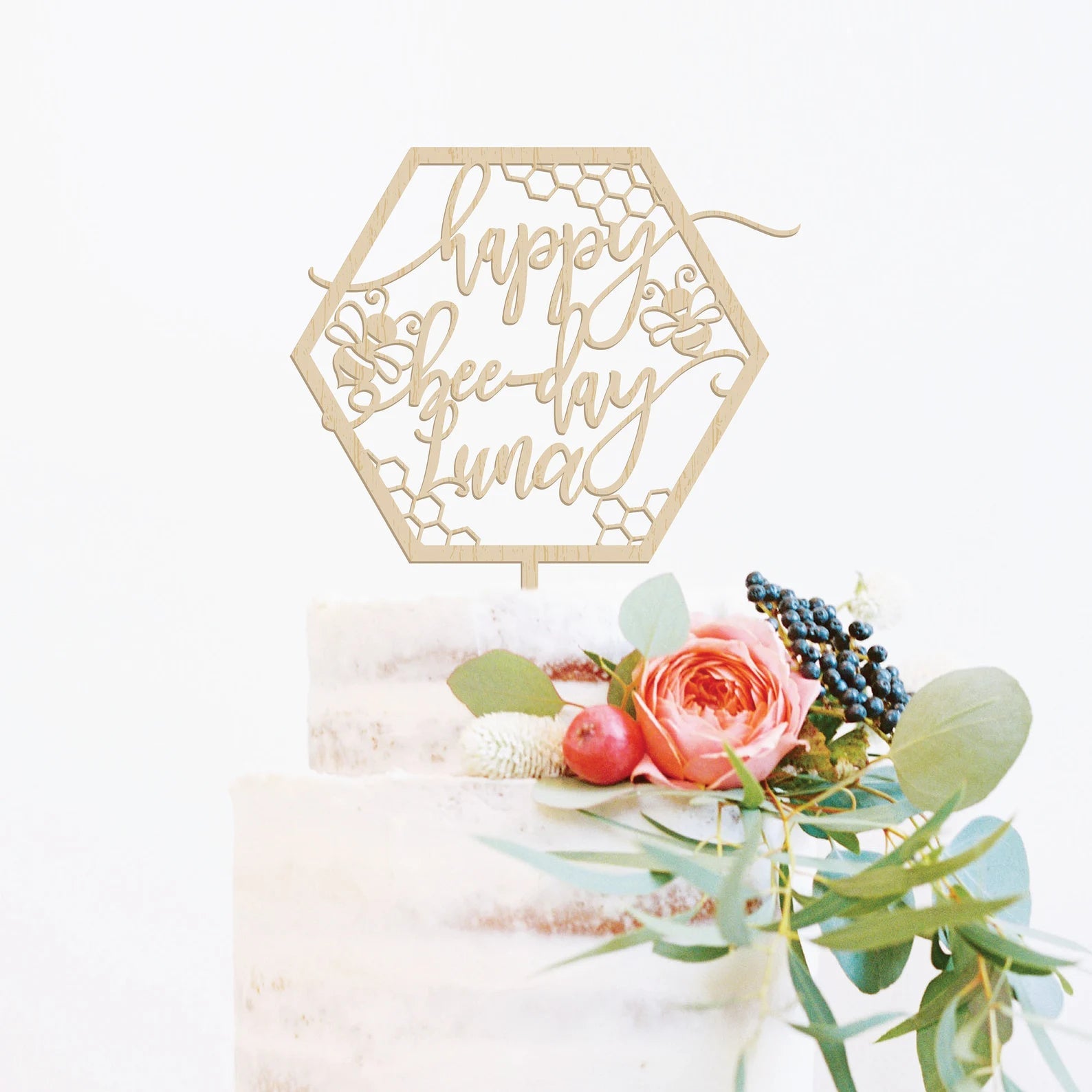 Personalized Happy Bee Day Wood Cake Topper Birch Bar + Co.