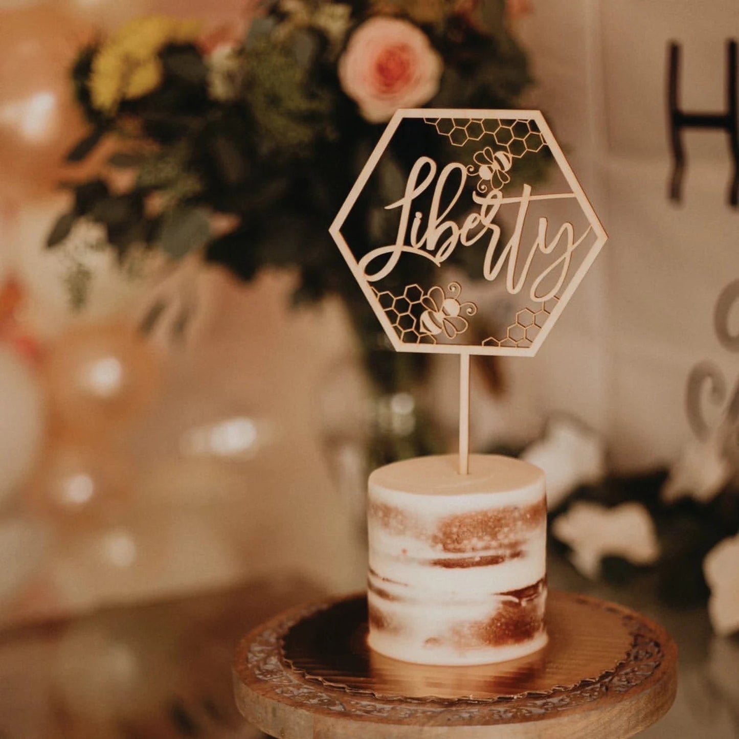 Personalized Name Bee Wood Cake Topper Birch Bar + Co.