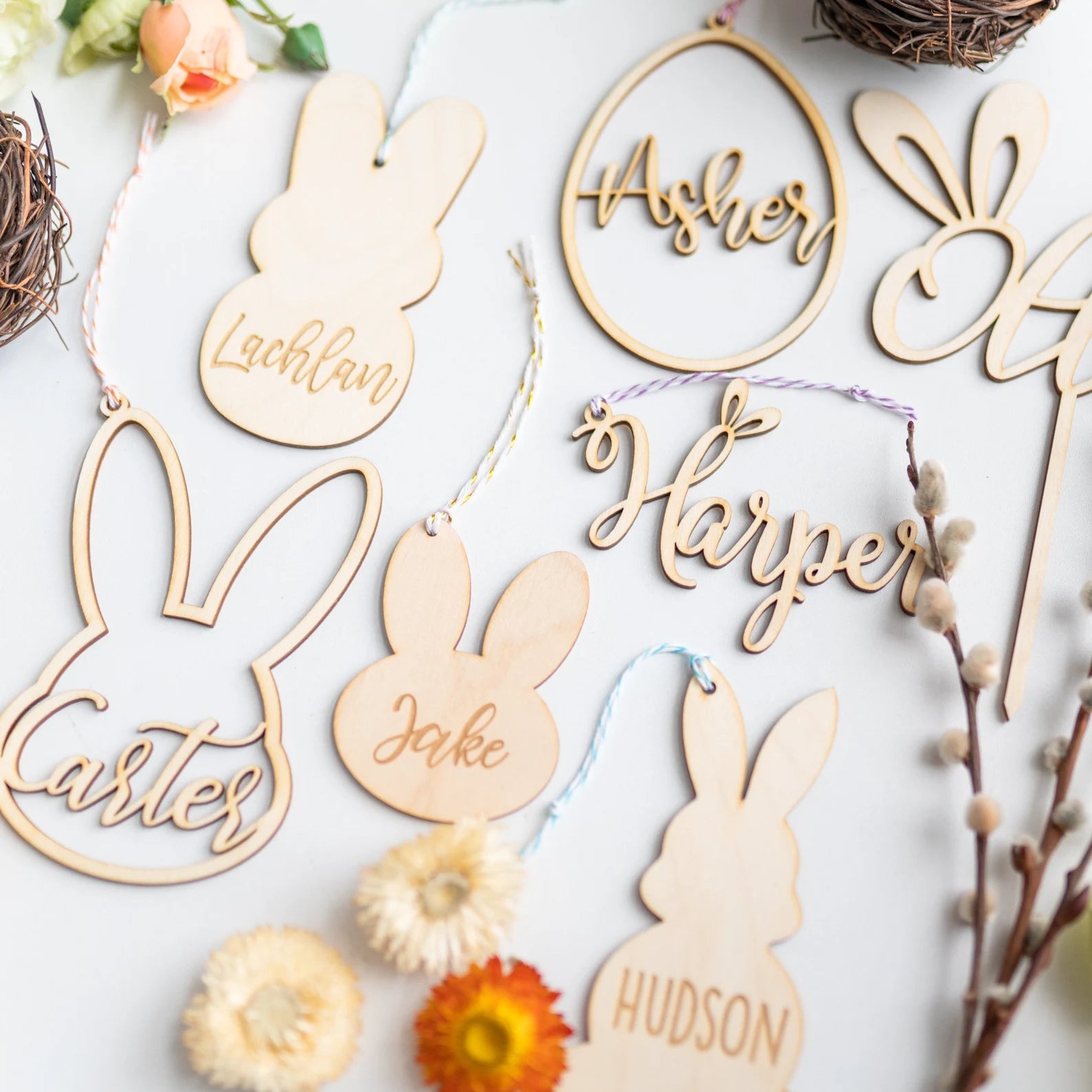 Wood Personalized Bunny Tag with Ears Birch Bar + Co.