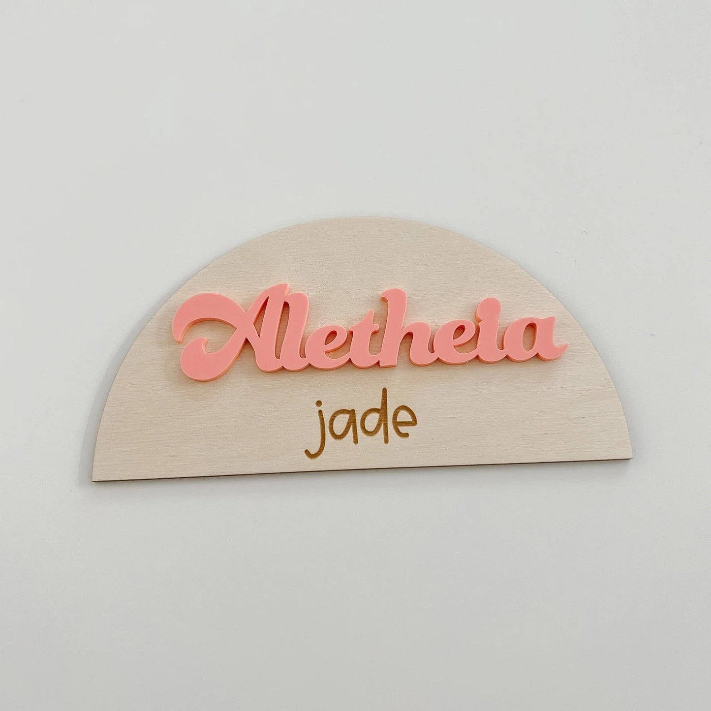 Wooden Half Circle Birth Announcement with Personalized Names Birch Bar + Co.