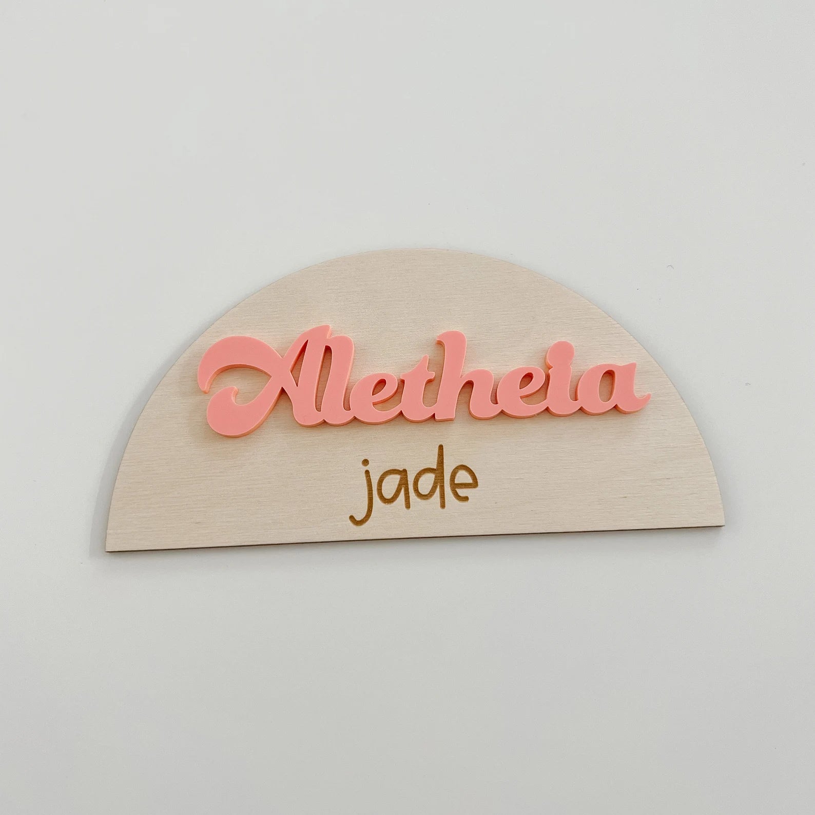 Wooden Half Circle Birth Announcement with Personalized Names Birch Bar + Co.