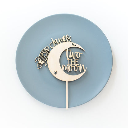 Spaceship Moon Wood Cake Topper Birch Bar + Co. 