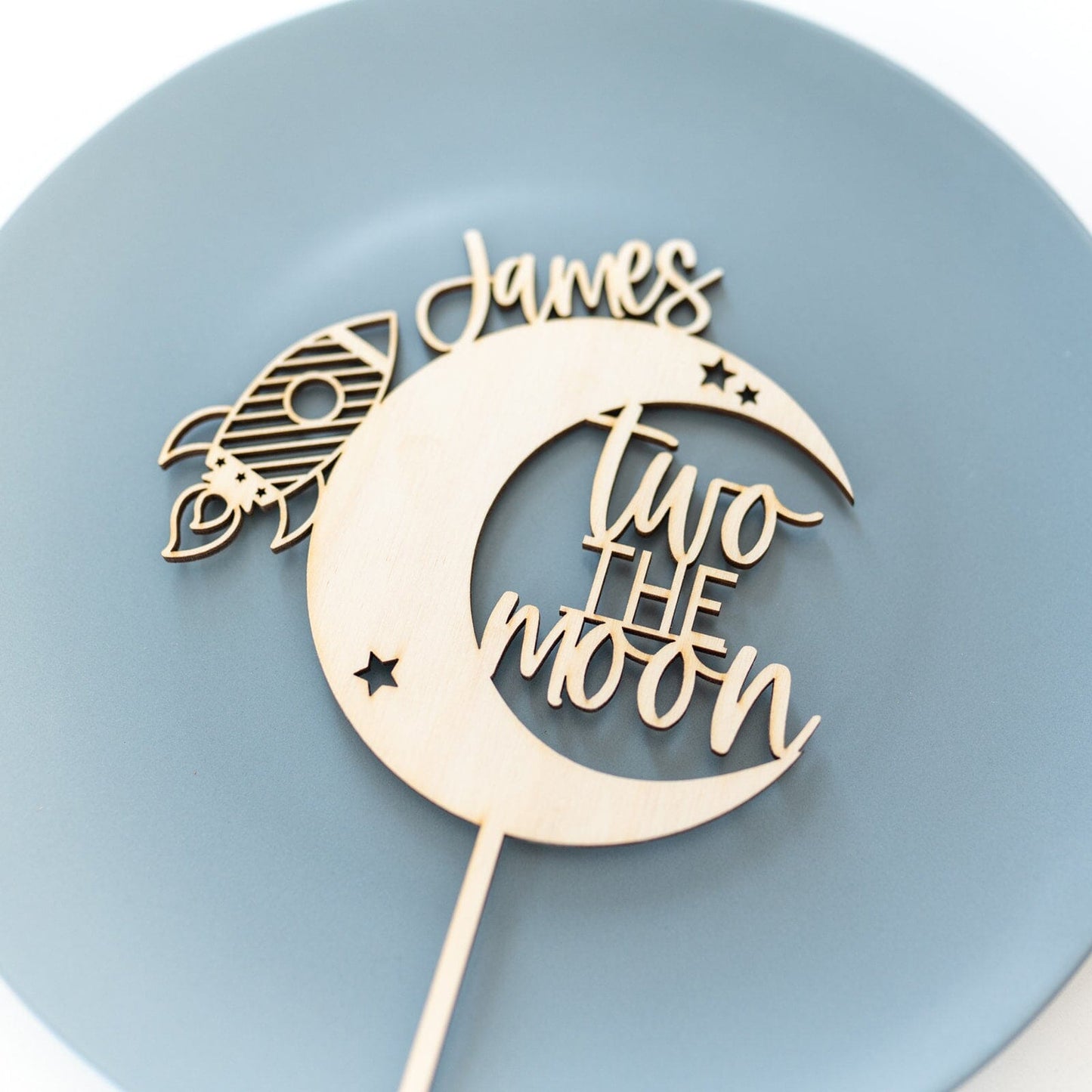 Spaceship Moon Wood Cake Topper Birch Bar + Co. 