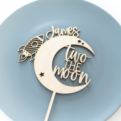 Spaceship Moon Wood Cake Topper Birch Bar + Co. 
