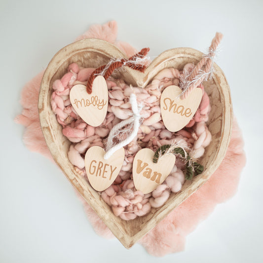 Wood Engraved Heart Name Tags Birch Bar + Co. 