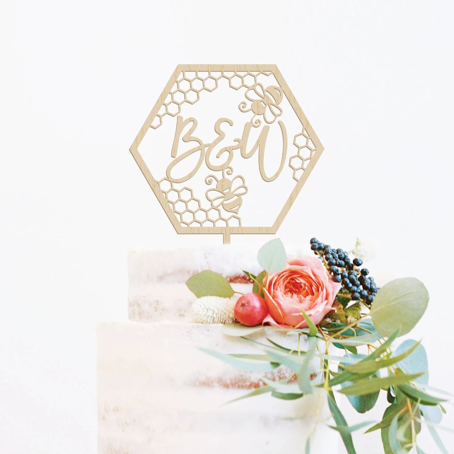 Bee Wedding Initial(s) Wood Cake Topper Birch Bar + Co. 