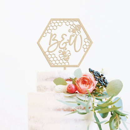 Bee Wedding Initial(s) Wood Cake Topper Birch Bar + Co. 