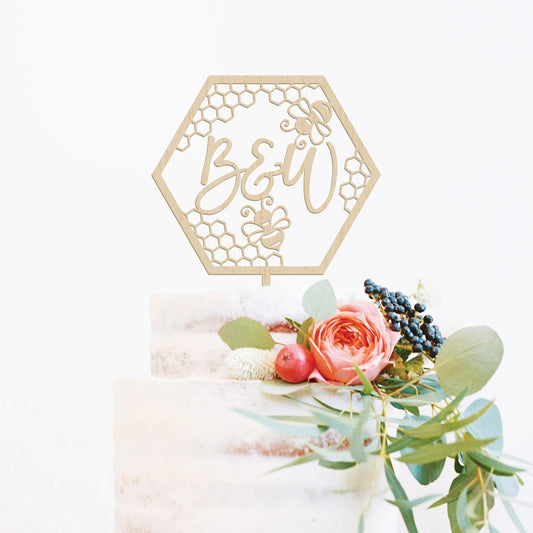 Bee Wedding Initial(s) Wood Cake Topper Birch Bar + Co. 
