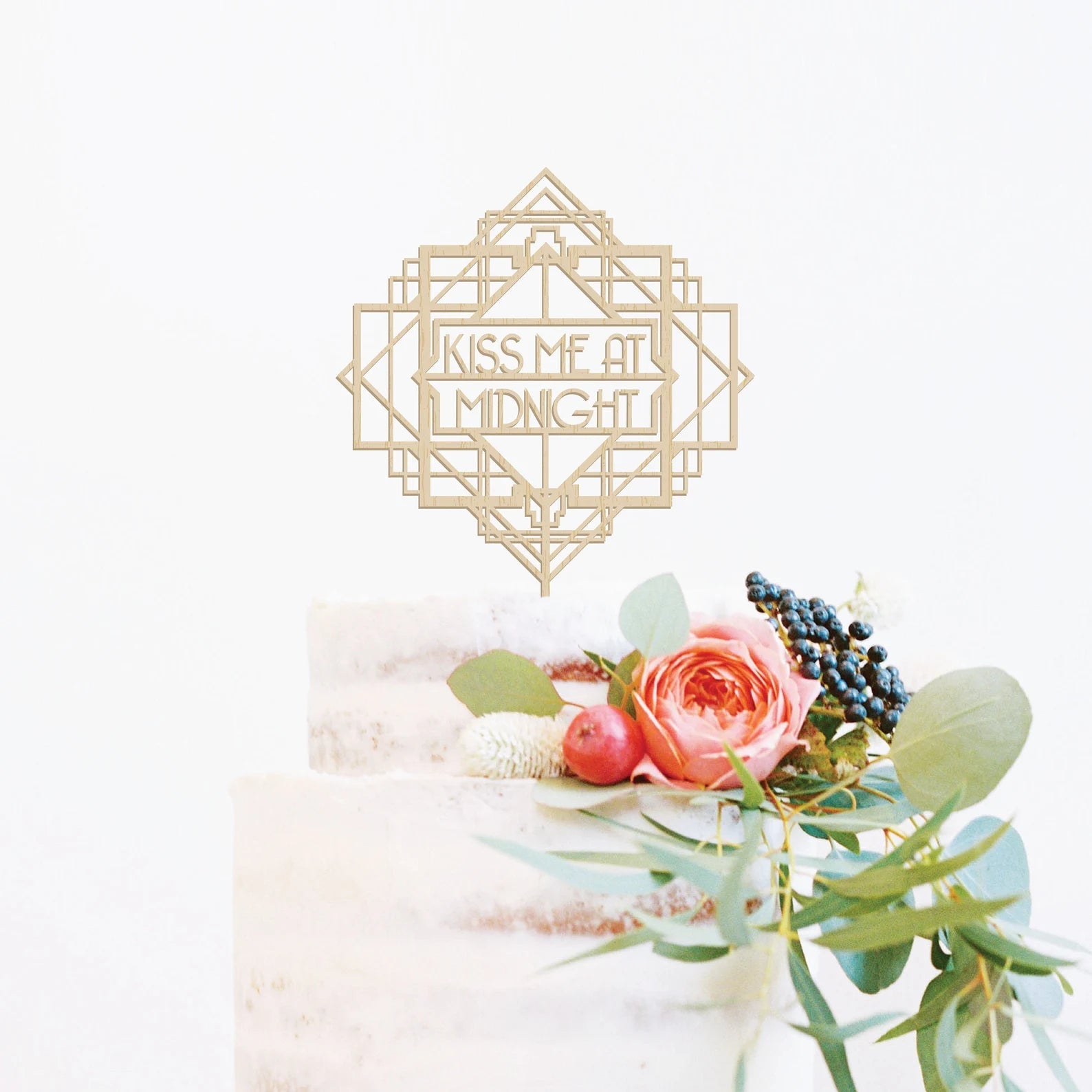 Art Deco Kiss Me At Midnight Wedding Wood Cake Topper Birch Bar + Co. 