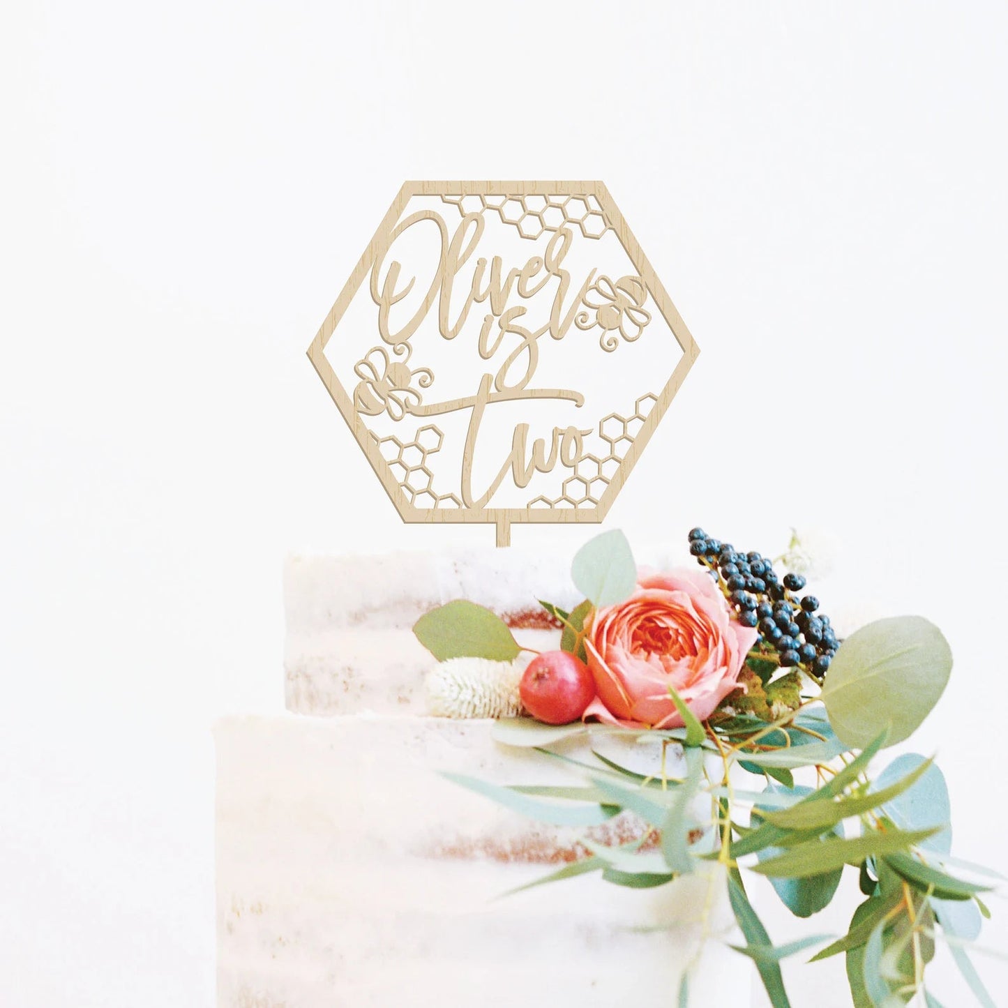 Bee Custom Name + Age Wood Cake Topper Birch Bar + Co. 