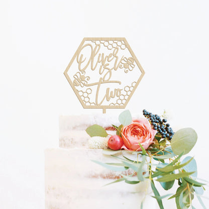 Bee Custom Name + Age Wood Cake Topper Birch Bar + Co. 