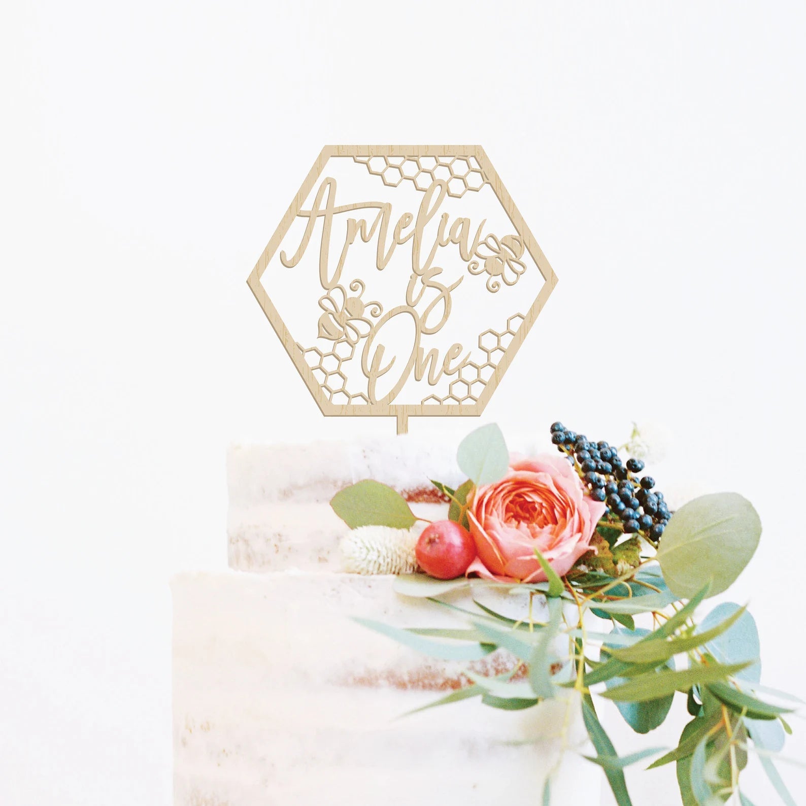 Bee Custom Name + Age Wood Cake Topper Birch Bar + Co. 