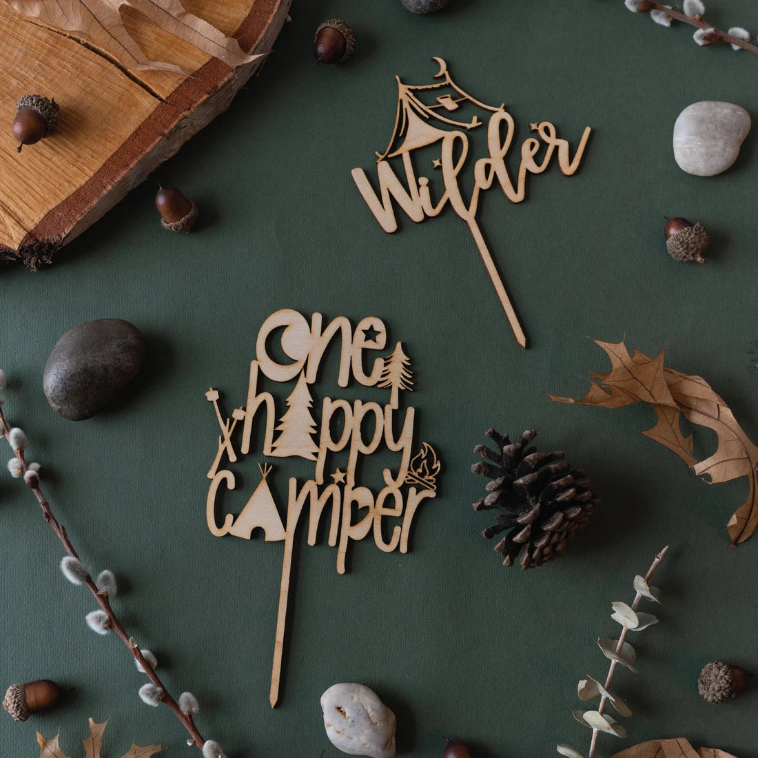 Personalized Happy Camper Wood Cake Topper Birch Bar + Co. 