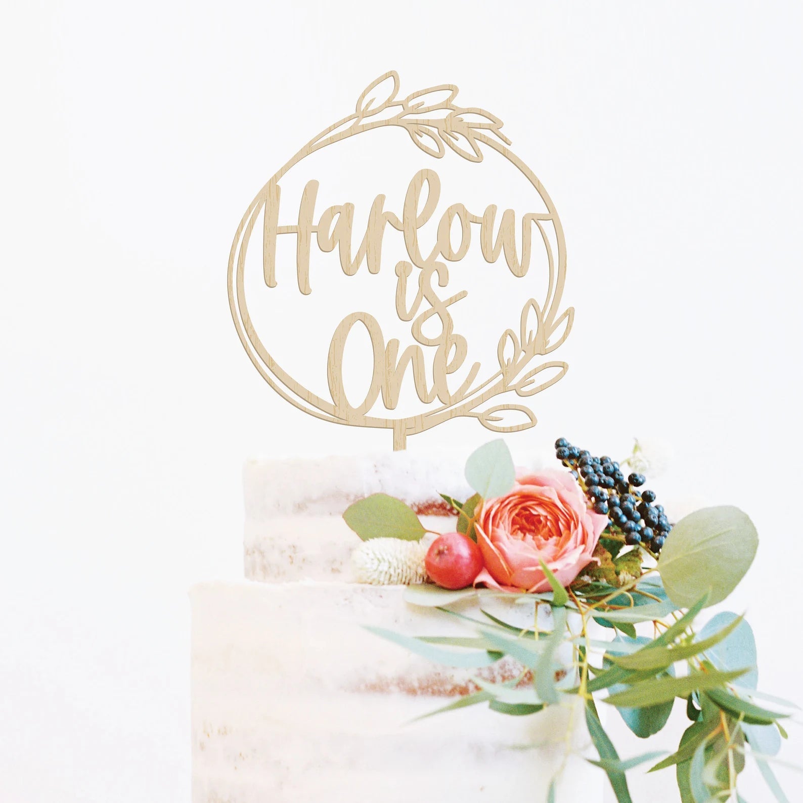 Wreath First Birthday Wood Cake Topper Birch Bar + Co. 