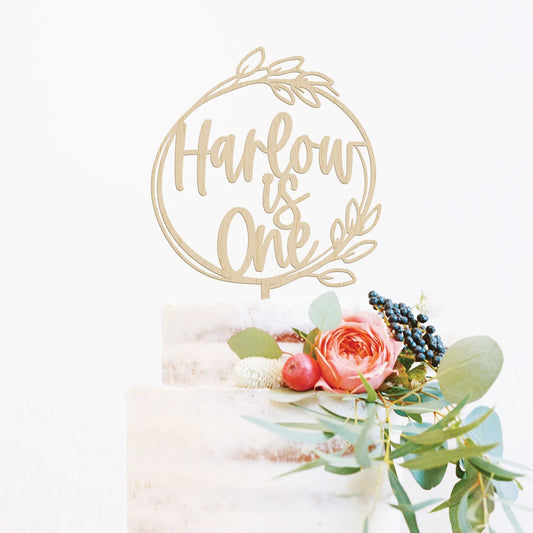 Wreath First Birthday Wood Cake Topper Birch Bar + Co. 