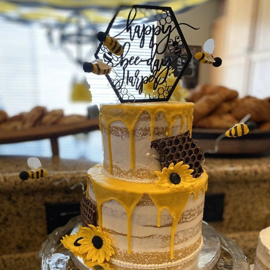 Personalized Happy Bee Day Wood Cake Topper Birch Bar + Co. 