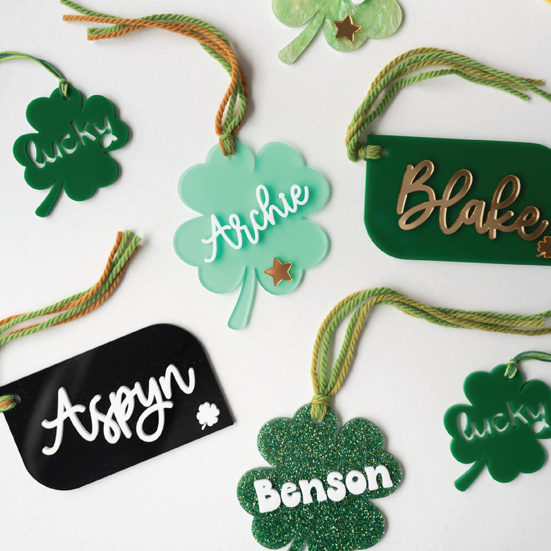 Personalized Acrylic Glitter Shamrock Tag Birch Bar + Co. 