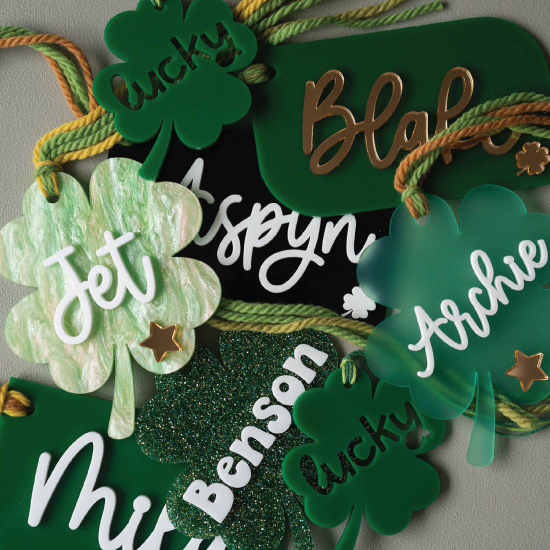 Personalized Acrylic Glitter Shamrock Tag Birch Bar + Co. 